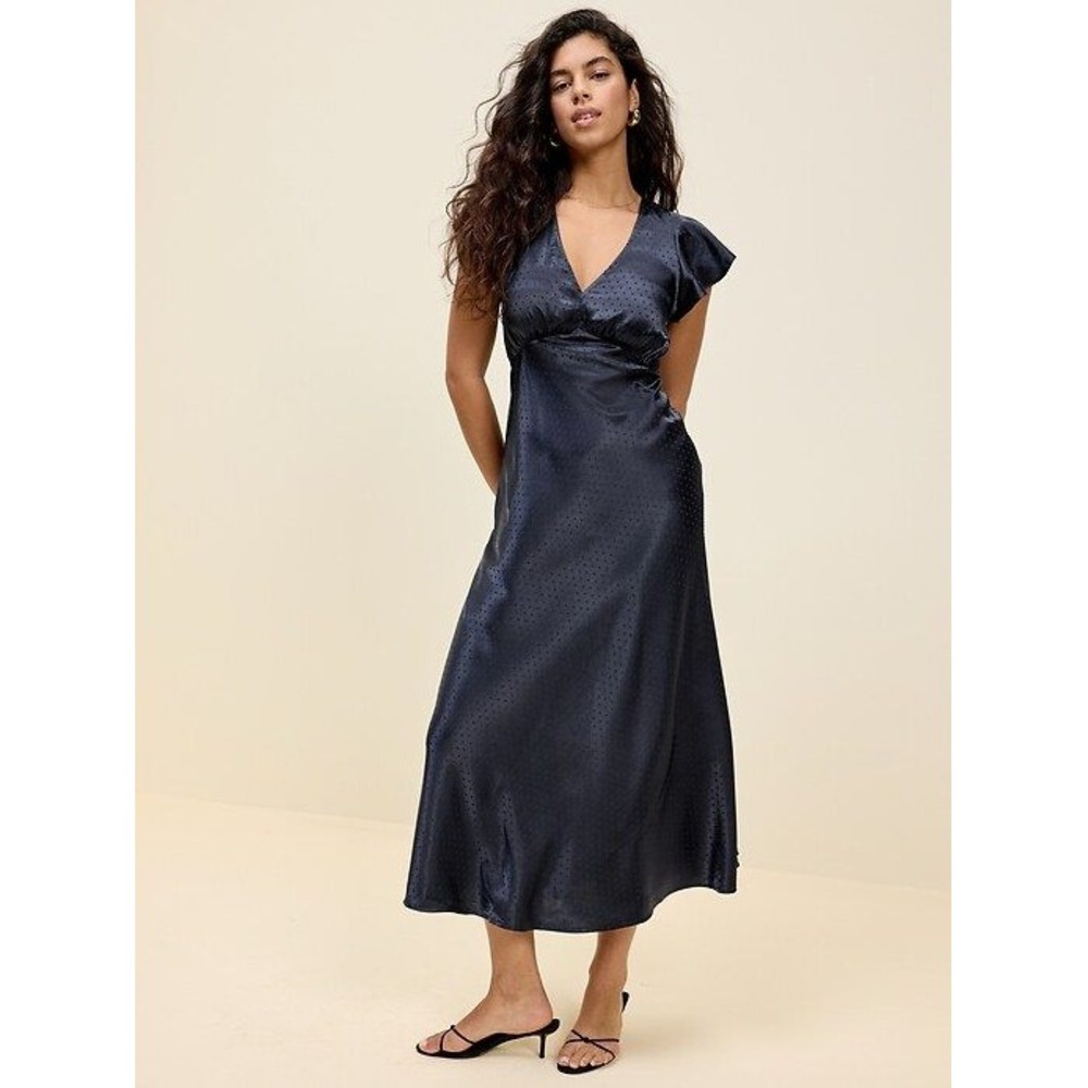 Old Navy The Occasion Navy Blue Polka Dot Satin V-Neck Maxi Dress M Tall Flutter